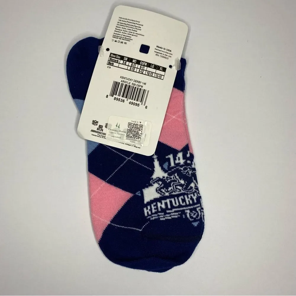 For Bare Feet Socks Kentucky Derby 145 6-11 White Pink Dot Band Blue Pink Argyle